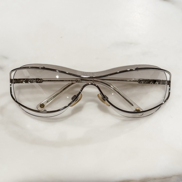 Vintage Chanel Wrap-around Silver Sunglasses Smoke Cracked Lens Y2K - Picture 1 of 9